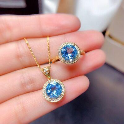 18K Gold-Plated Artificial Gemstone Pendant and Ring Set with Sparkling Blue Stones